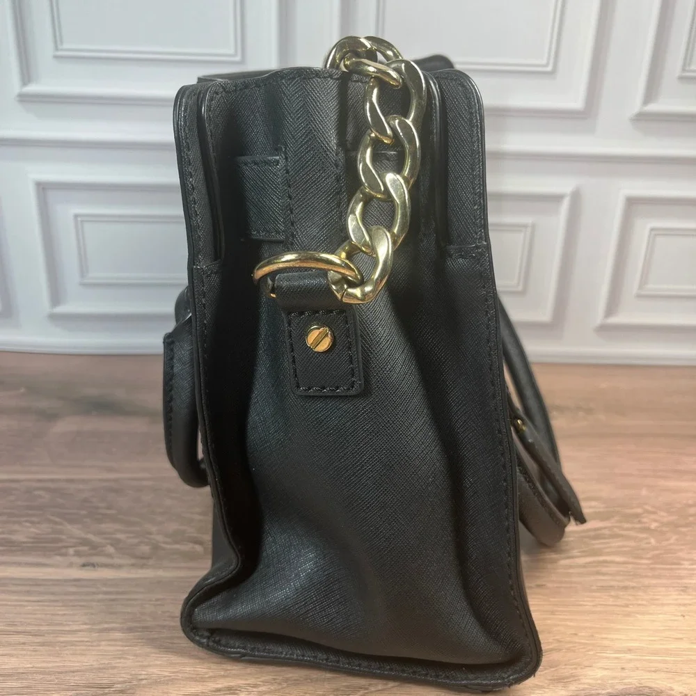 Michael Kors Hamilton Satchel Womens Medium Black Saffiano Leather‎ Gold Padlock